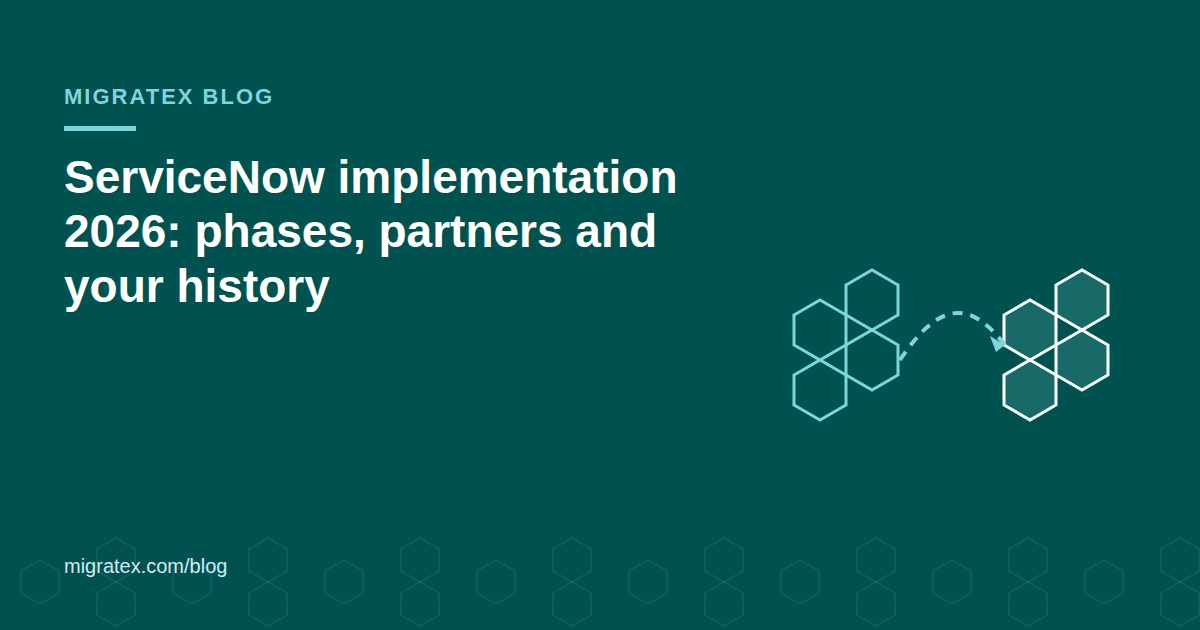 ServiceNow implementation plan in five phases, from Initiate and Plan to Execute, Deliver and Close, with legacy ticket history carried into the new instance